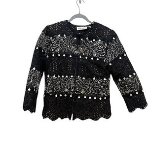 Anage Vintage Black Eyelet Embroidered Jacket w/ Shell Beads Small